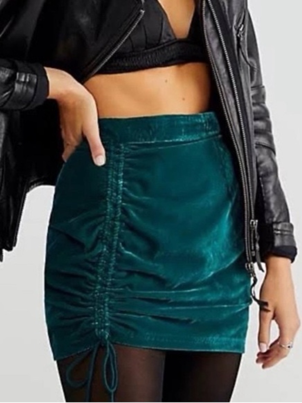 Free People Teal Velvet Ruched Drawstring Mini Skirt